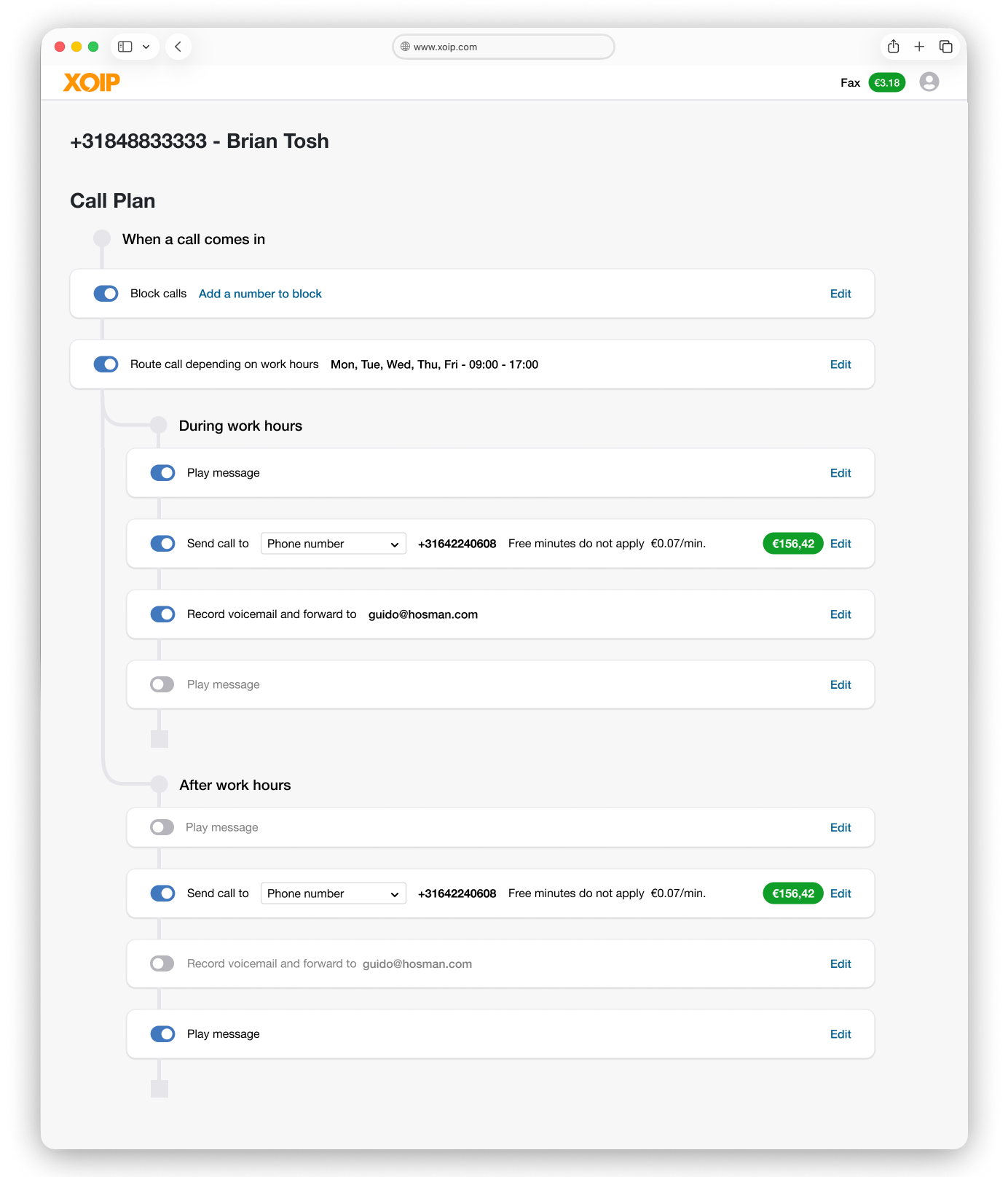 XOIP call plan interface showing the branching office hours UI with work-hours routing logic